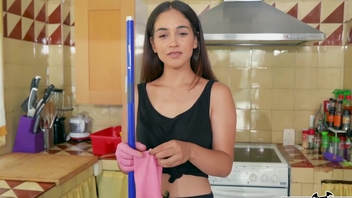 Lovely teen 18+ was washing dishes when her landlord showed up and offered her money for sex